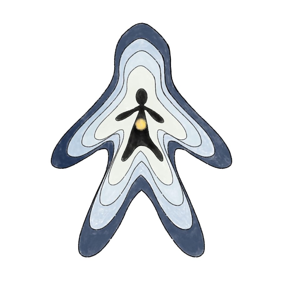 Ilustración de una figura envuelta en capas de ondas azules concéntricas, con un punto dorado en el pecho