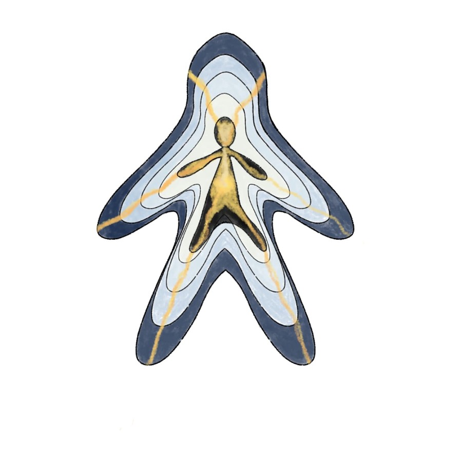 Ilustración de la misma figura con grietas doradas recorriéndola, como en la técnica del kintsugi, y el interior iluminado en tonos dorados