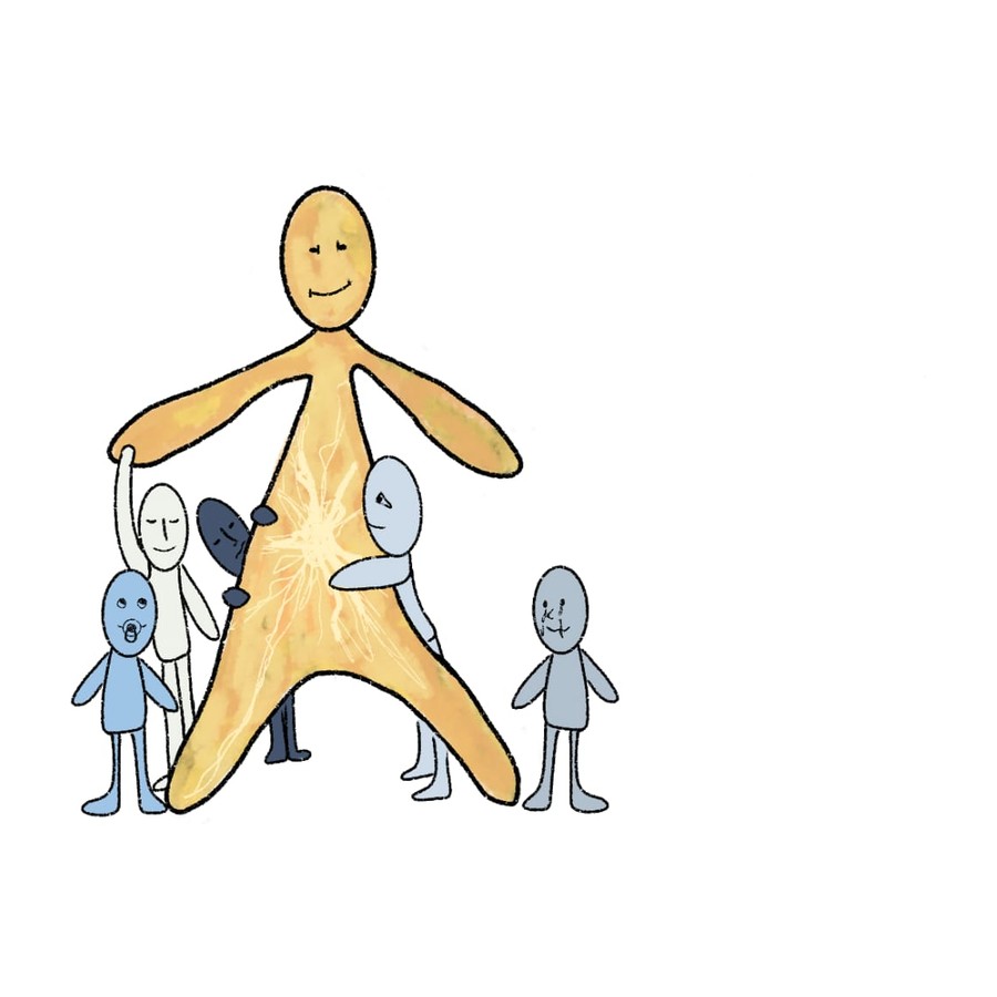 Ilustración de una figura dorada, de pie y sonriente, sosteniendo en alto a varias figuras más pequeñas a su alrededor