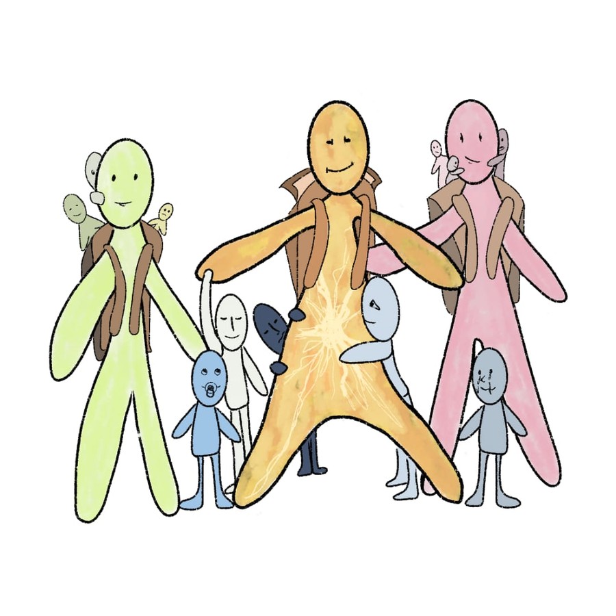 Ilustración de la figura dorada acompañada de otras figuras de distintos colores a su alrededor, formando una comunidad
